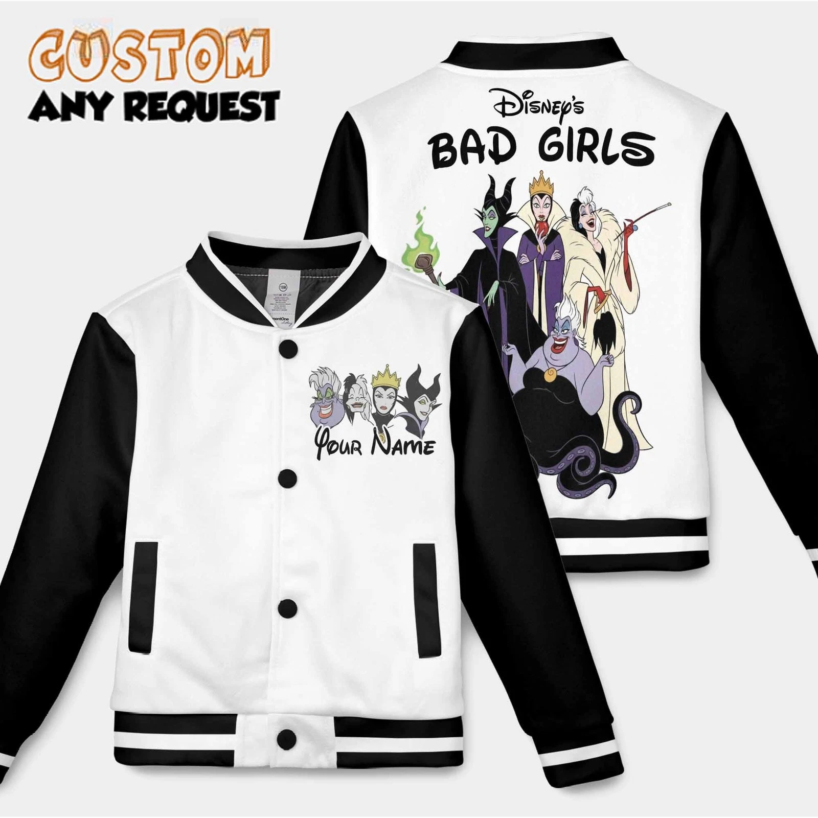 Personalized Bad Girls Maleficent Evil Queen Ursula Cruella Baseball Jacket