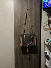 Nine West Brown Logo Pattern Satchel Double Handles Clochette Zipper Accent