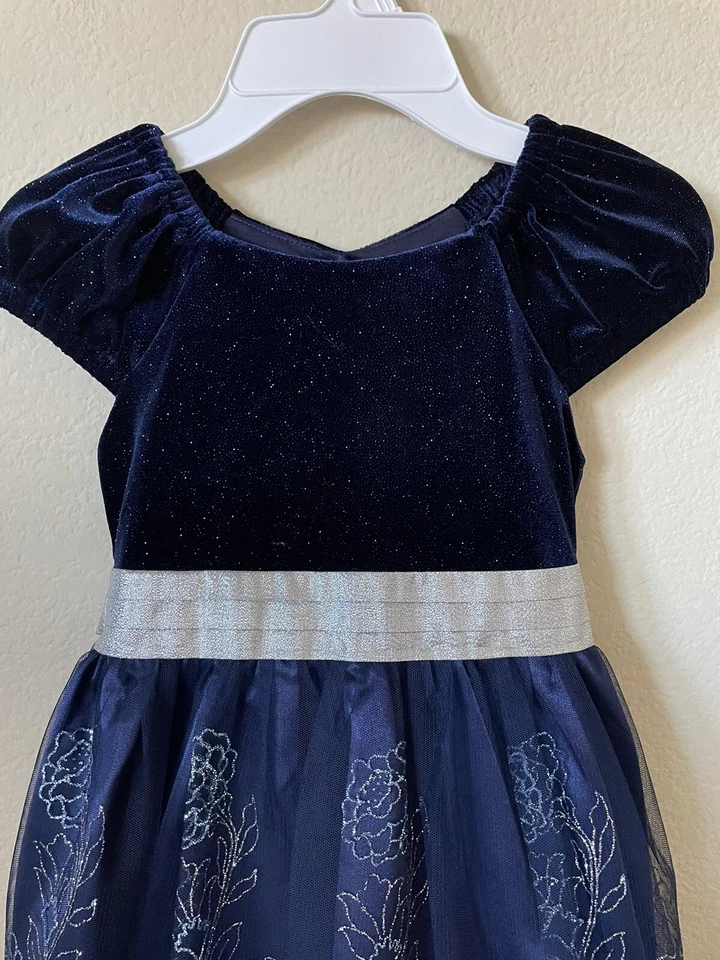 Vestido para niñas Jona Michelle azul plateado brillante manga gorra plisado forrado talla 5 Foto 2 de 4