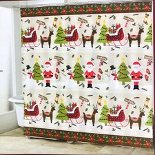 Christmas Fabric Shower Curtain Tree Santa Sleigh Snowmen Bathroom Decoration