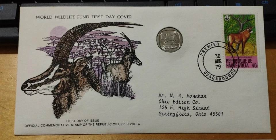 1976 WWF Republic of Upper Volta Roan Antelope Stamp FDC inlaid Antelope Coin - Image 2 of 4