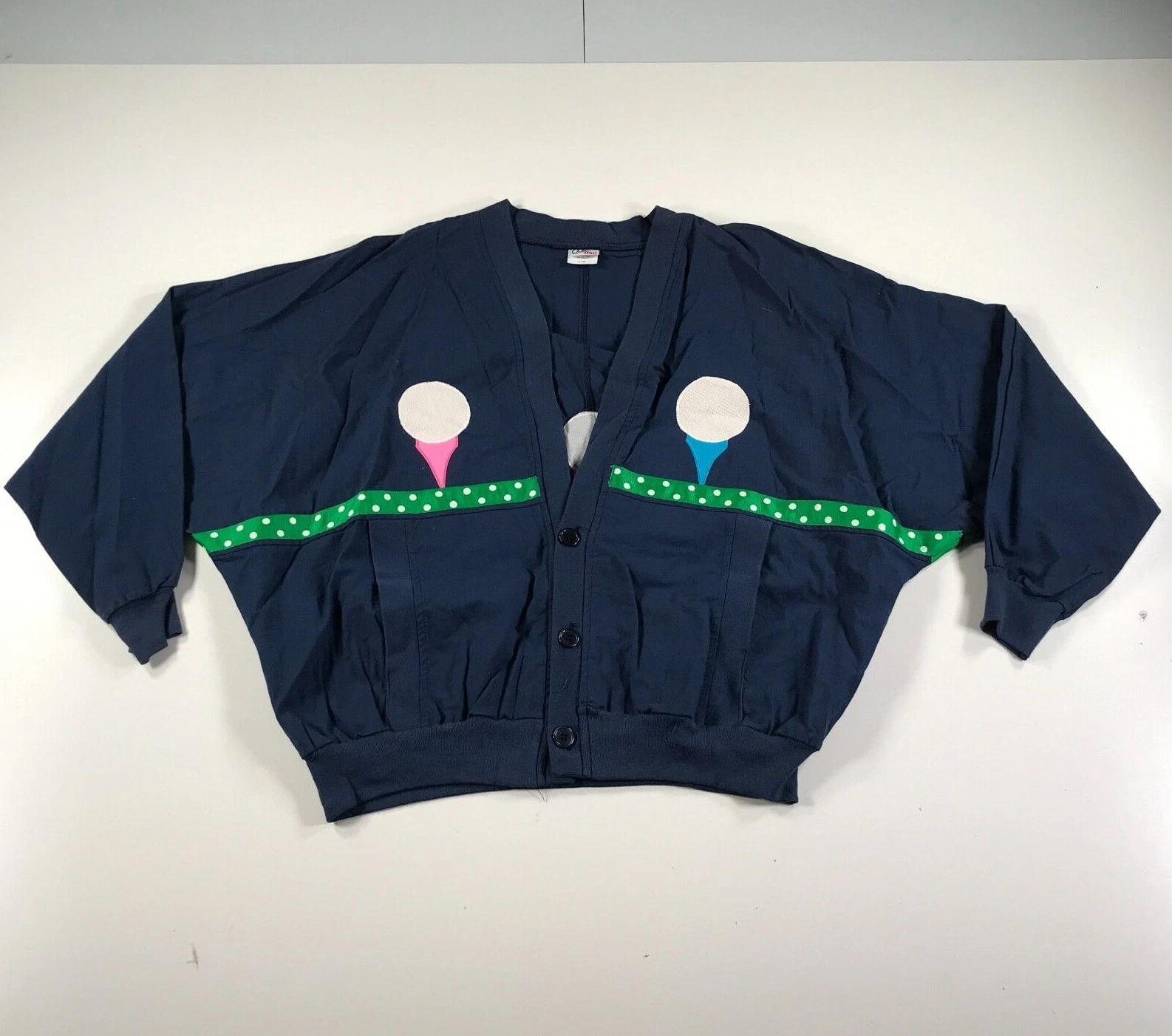 Vintage Golf Jacket Mens Small Medium Navy Blue Button Front V Neck Golf Balls