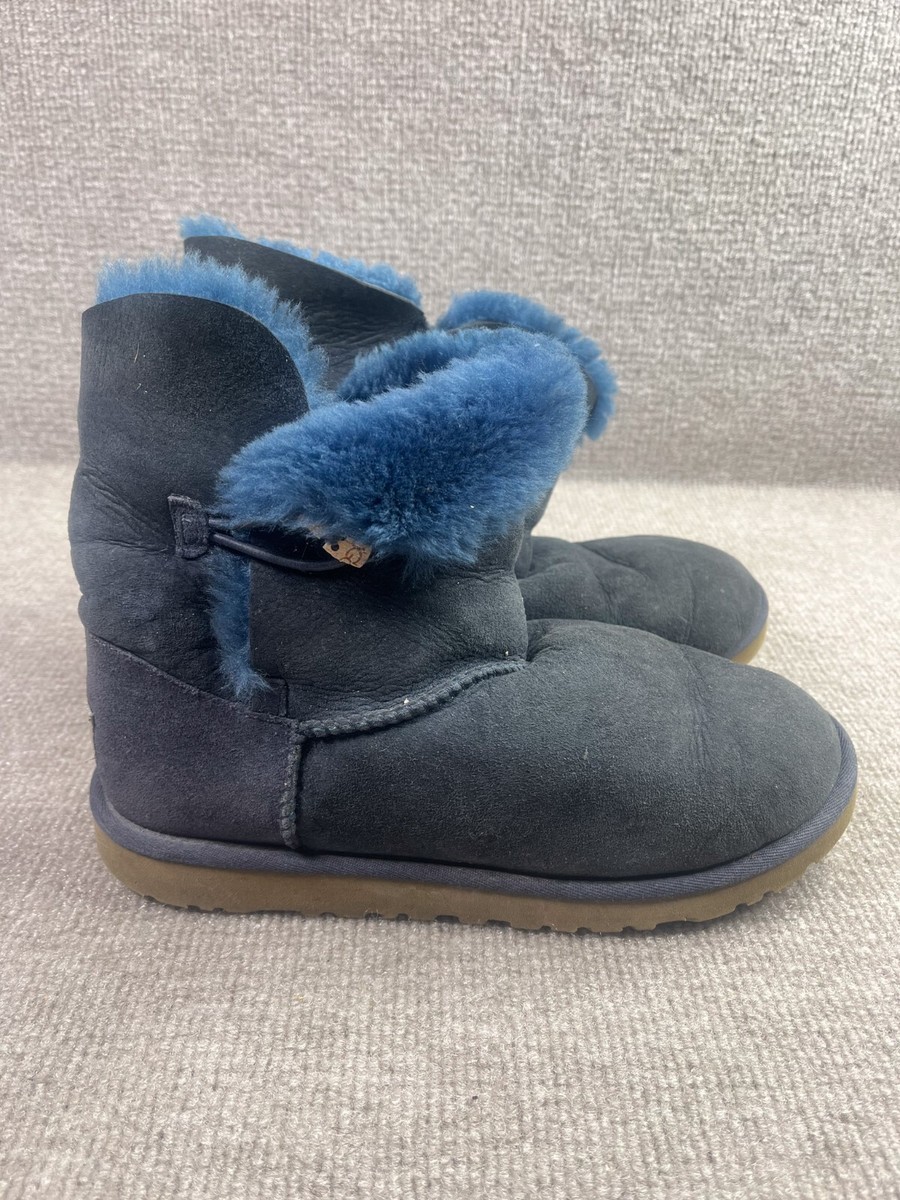 UGG Boots Womens Blue Suede Ankle Bailey Button II Sheepskin Flat