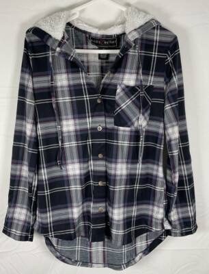 NWT Women s Polly & Esther Lightweight Plaid Flannel Shirt w/ Sherpa Hood - XS