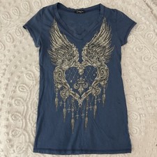 VTG Y2K CottyOn AOP T-Shirt Embellished Wings Womens Small V-Neck Grunge V-Neck