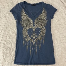VTG Y2K CottyOn AOP T-Shirt Embellished Wings Womens Small V-Neck Grunge V-Neck