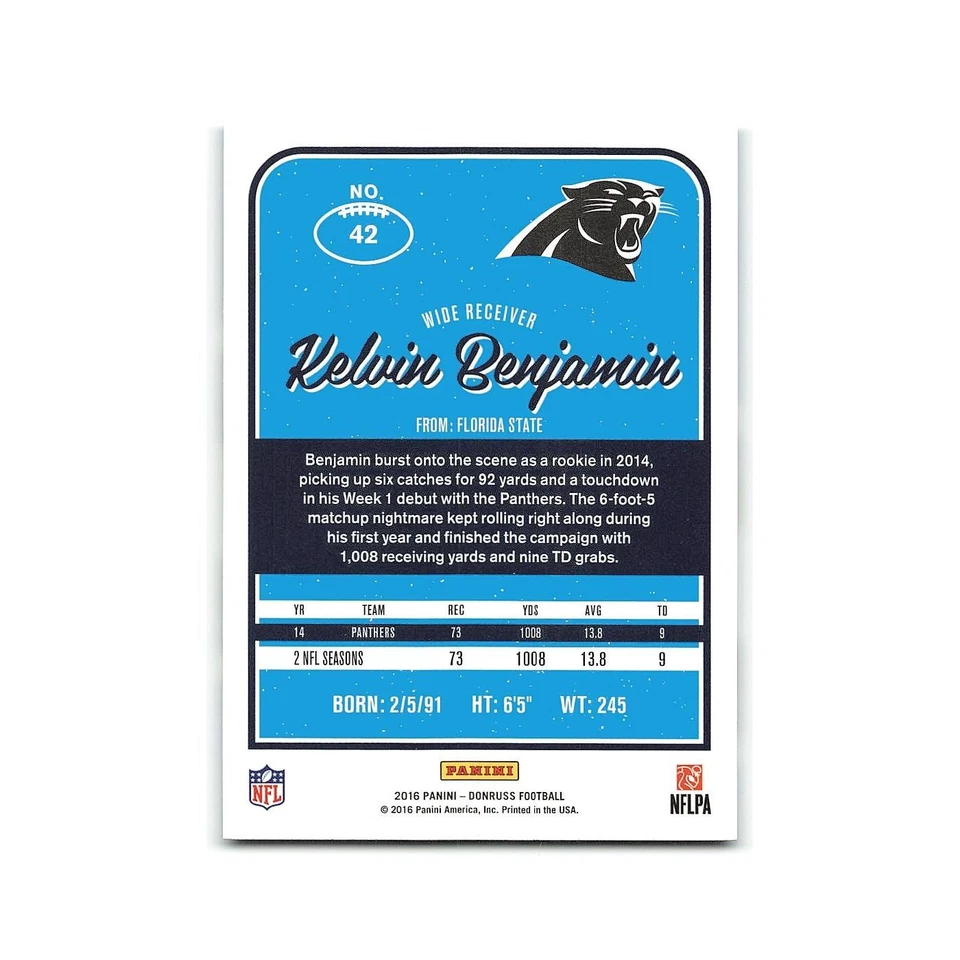 Kelvin Benjamin 2016 Donruss #42 Carolina Panthers Football Card NM - Image 2 of 3