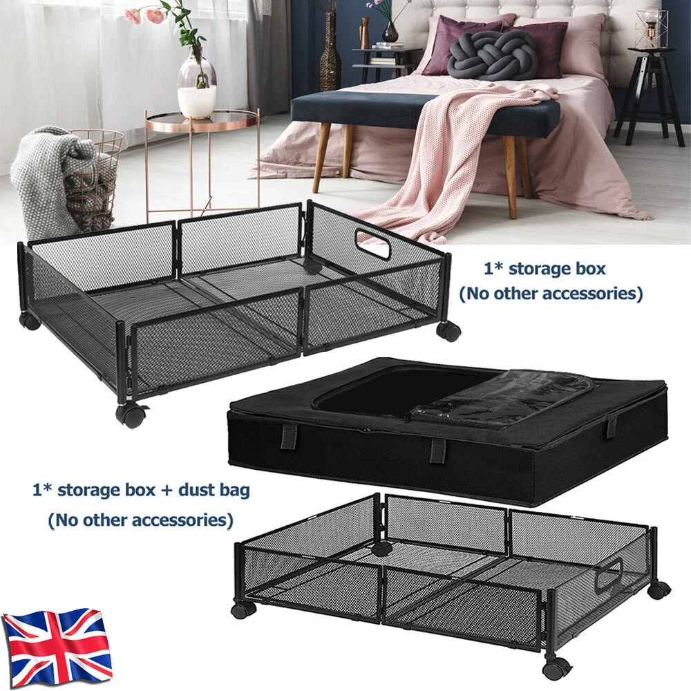 Folding Metal Underbed Storage Box Black Bedding Container with Wheels Black UK