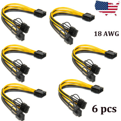 6 pack CPU 2 GPU EPS 12v 8 pin to Dual 6+2 pin PCI-E Power Cable Splitter 18 AWG