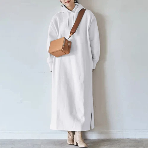 Womens Long Sleeve Fleece Hooded Sweatshirt Maxi Dress Loose Solid Hoodie Dress - Picture 13 of 21