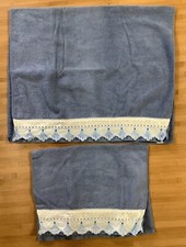 Bathroom Towel Set Blue with Cotton Lace Trim Bath  Hand USA Retro Decorate