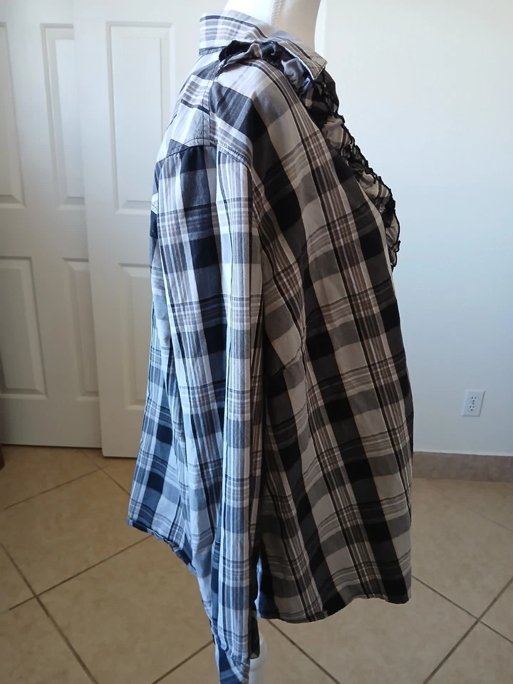 Blusa Covington Mujer Cuadros Volantes Gris Blanco Talla 20/22W 100% Algodón Foto 3 de 4