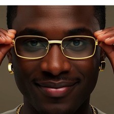 Gold Frame Glasses Rectangle Lens Wood Arm Fashion Eyeglasses Men Street Wear