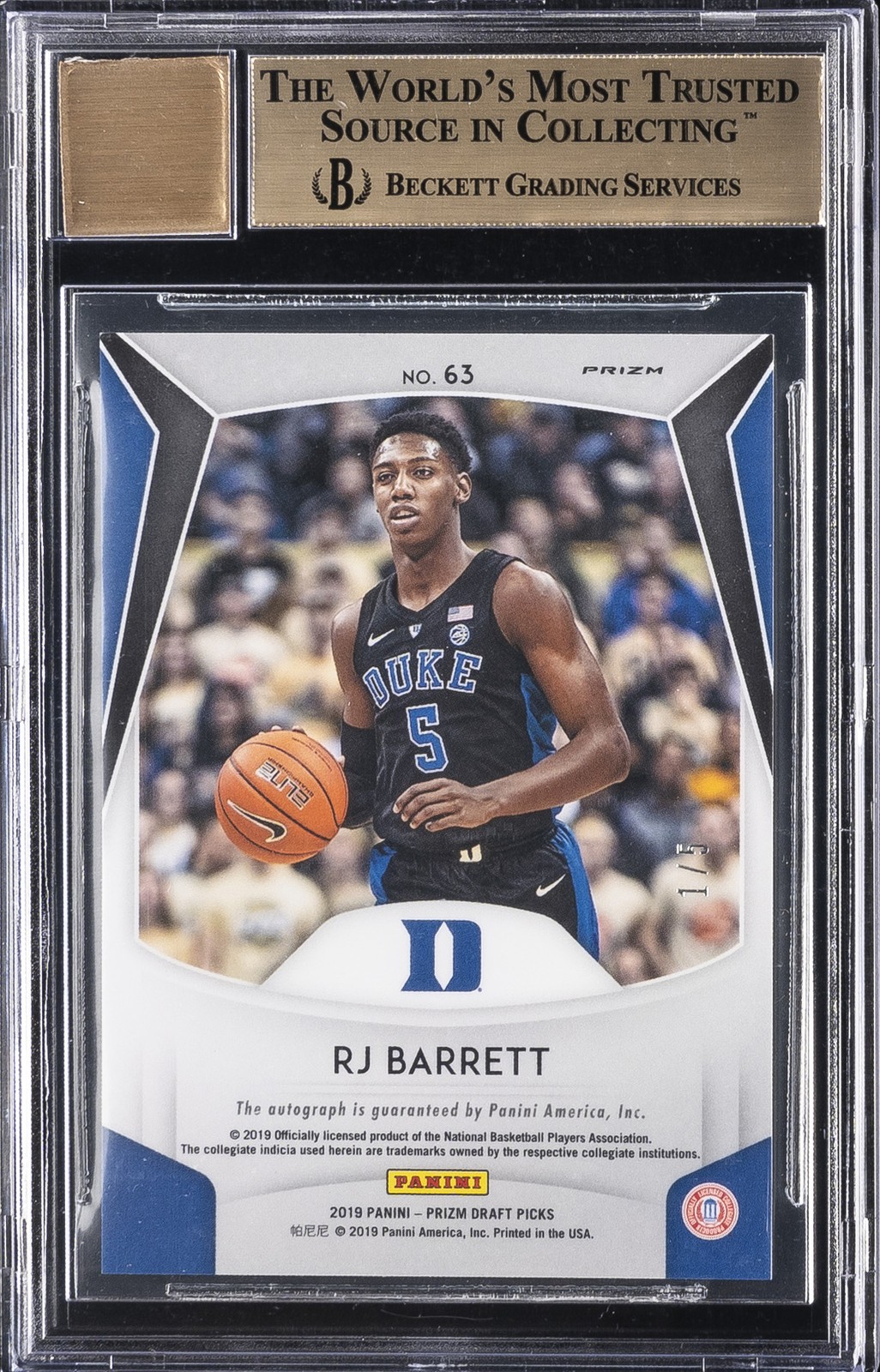 2019 PANINI PRIZM DRAFT PICKS AUTO GOLD VINYL #63 RJ BARRETT 1/5 BGS 9.5 AUTO 10 view 2