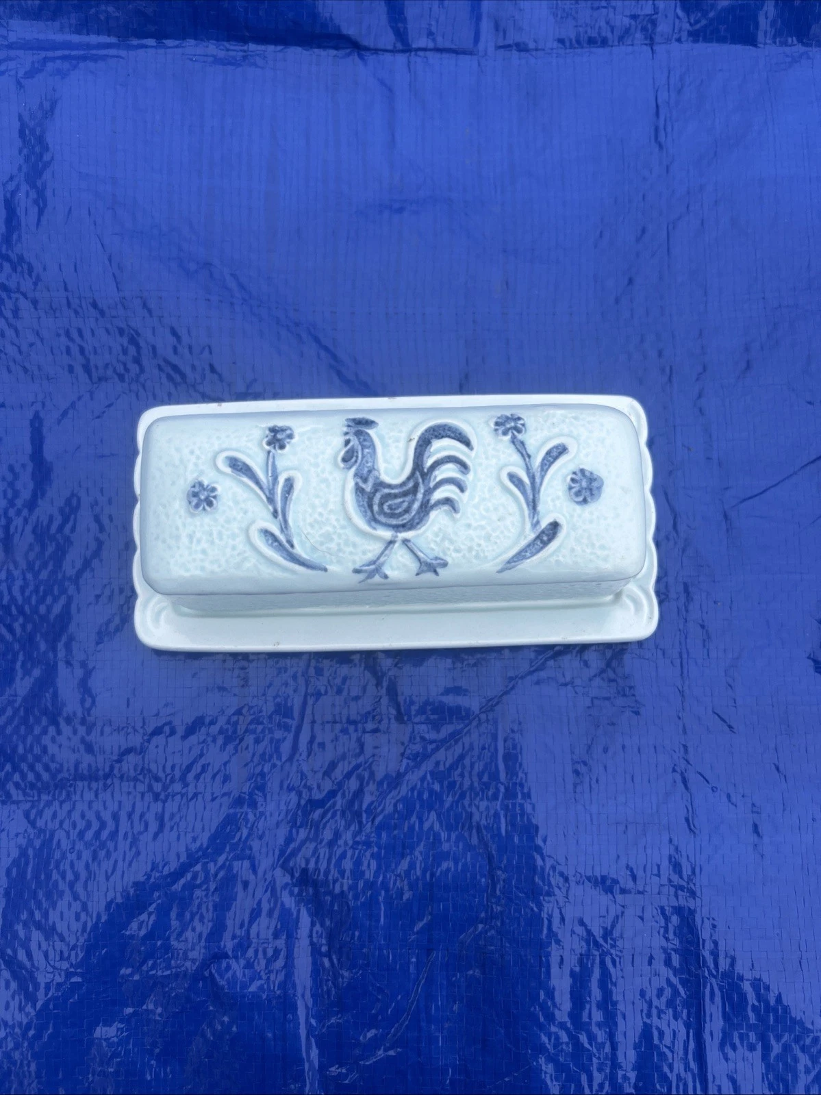 Barbara Original Japan Blue And White Ceramic Butter Dish Rooster Floral Pattern