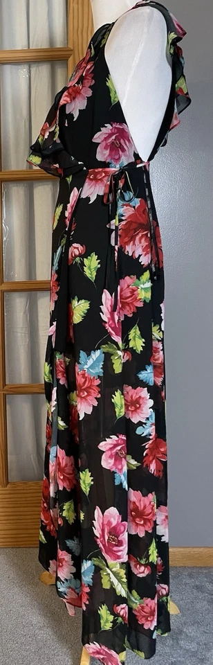 XOXO Floral Chiffon Wrap Maxi Dress S Ruffles Crisscross Straps Boho - Image 3 of 4