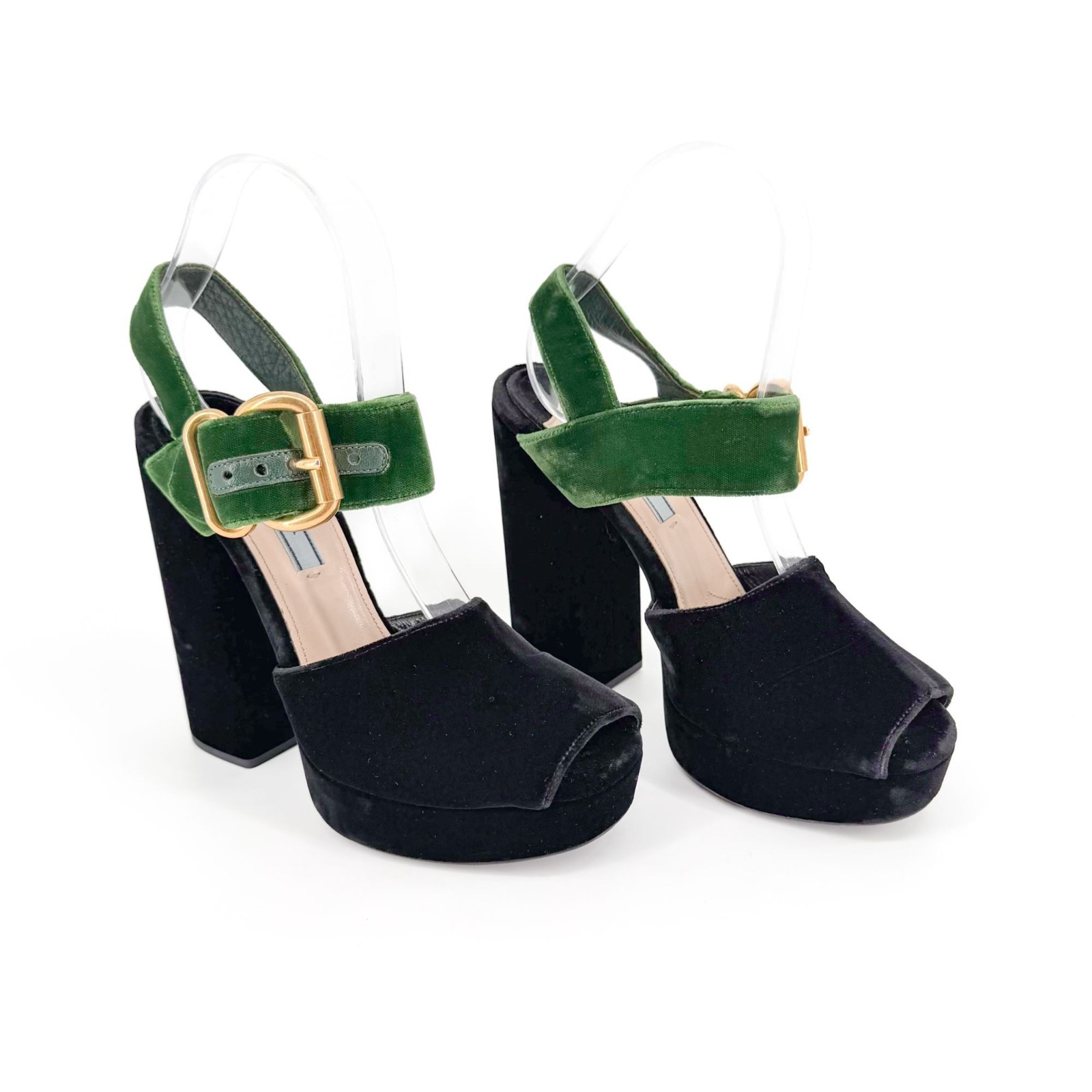 Prada Two-Tone Velvet Platform Sandals Heels Black Green Size 38 US 8 Peep Toe