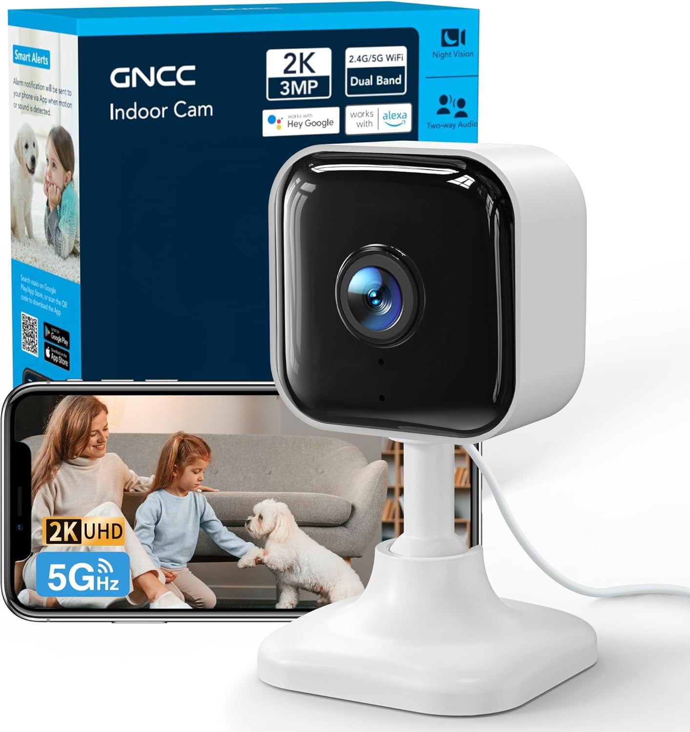 GNCC 2K Indoor Security Camera for Home Wireless, Pet 1-pack, white