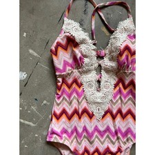 Y2k Vintage swimsuit, One Piece, Open scoop back, Psychedelic 60s zig zag