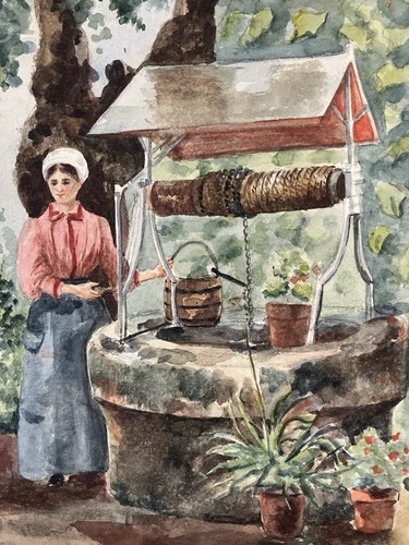Aquarelle Ecole Française Fin XIX-Début XXe Jeune femme au puits Projet au dos - Photo 7/13