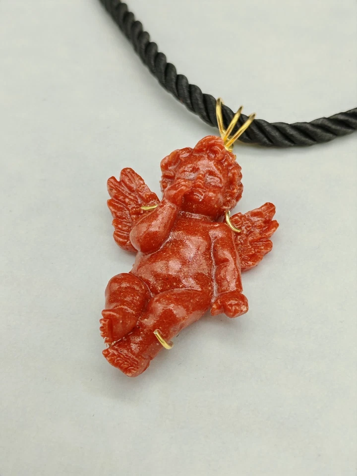 Collana donna angelo pasta di corallo argento placcato oro girocollo puttino - Immagine 3 di 4