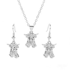 Highland Cow Necklace Dangle Earrings Set for Women Western Style Silver cow