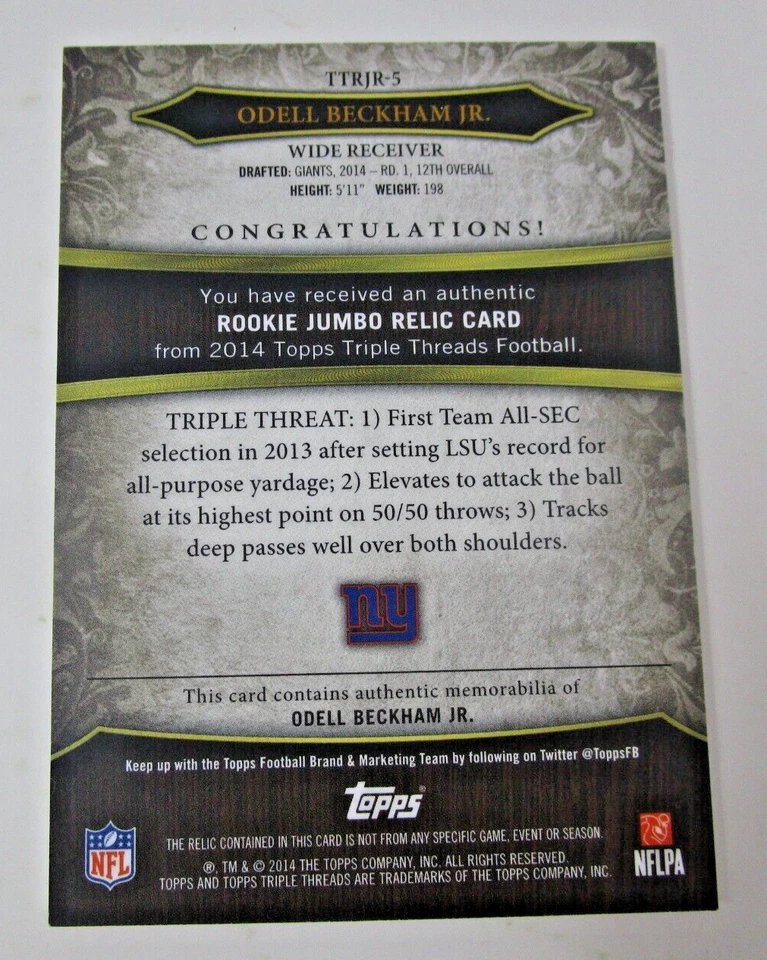 Odell Beckham Jr 21/50 Emerald 2014 Topps Triple Threads Rookie Patch TTRJR-5 - Image 2 of 2