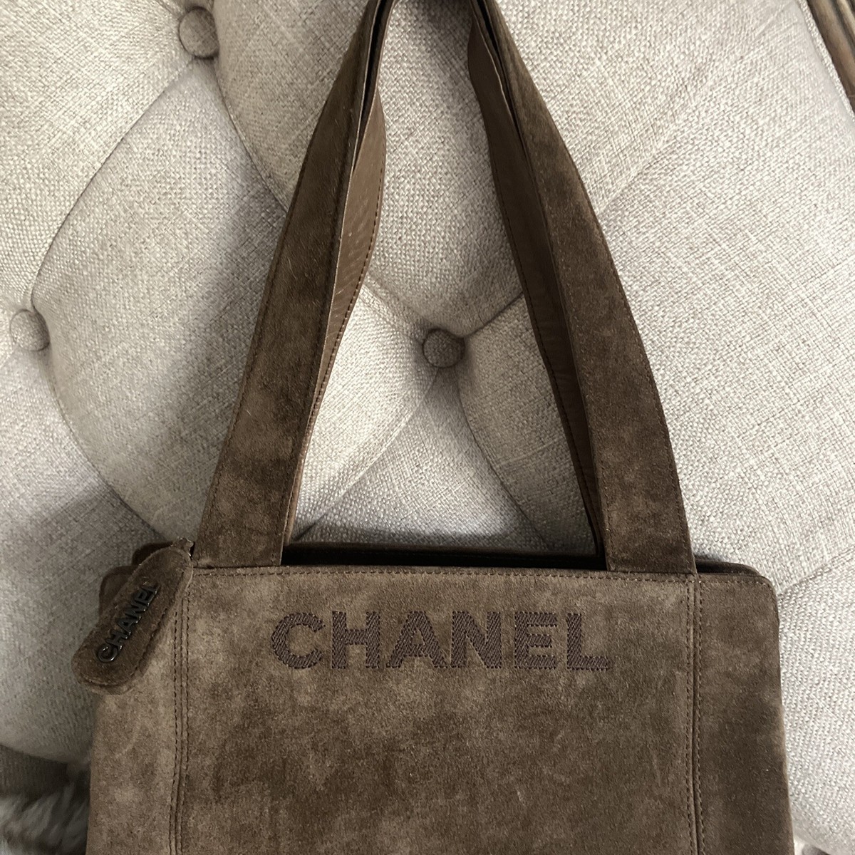 Authentic CHANEL Vintage Logo Shoulder Bag Tote Bag Brown Suede