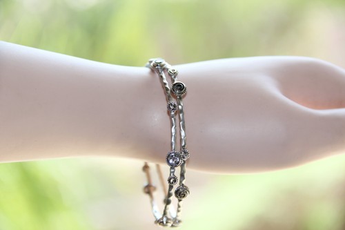 Sterling Silver Hammered Crystal Bangles. Gorgeous Solid Satin Sterling Silver - Picture 5 of 12