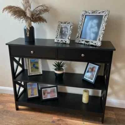 BLACK-CONSOLE-TABLE Black Console Table Vintage Shelving Display Unit Narrow Shabby Chic Sofa Hall