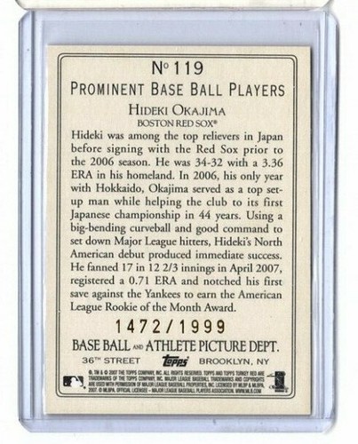 2007 Topps Turkey Red Chrome #119 HIDEKI OKAJIMA Boston Red Sox RC 1472/1999 - Picture 2 of 2
