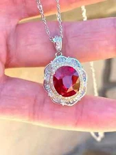 3.50Ct Oval Cut Red Ruby Halo Pendant 14K White Gold Finish With 18" Free Chain