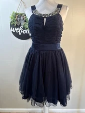 Elegant Navy Blue Bongo Party Dress With Jeweled Neckline & Bow Accent Size 13 T