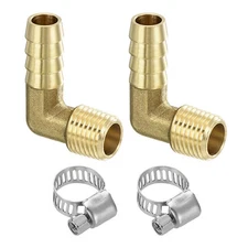 2Pcs 3/8" Barb x 1/4" NPT Male 90 Degree Brass Elbow Fitting with Clamps