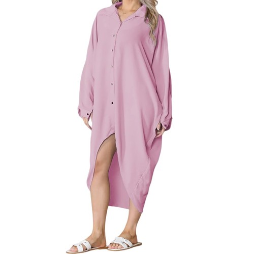 Damen Hi Low Knopfleiste Long Shirt Oberteil Langarm Oversize Tauchsaum Kurzes Kleid - Bild 9 von 32