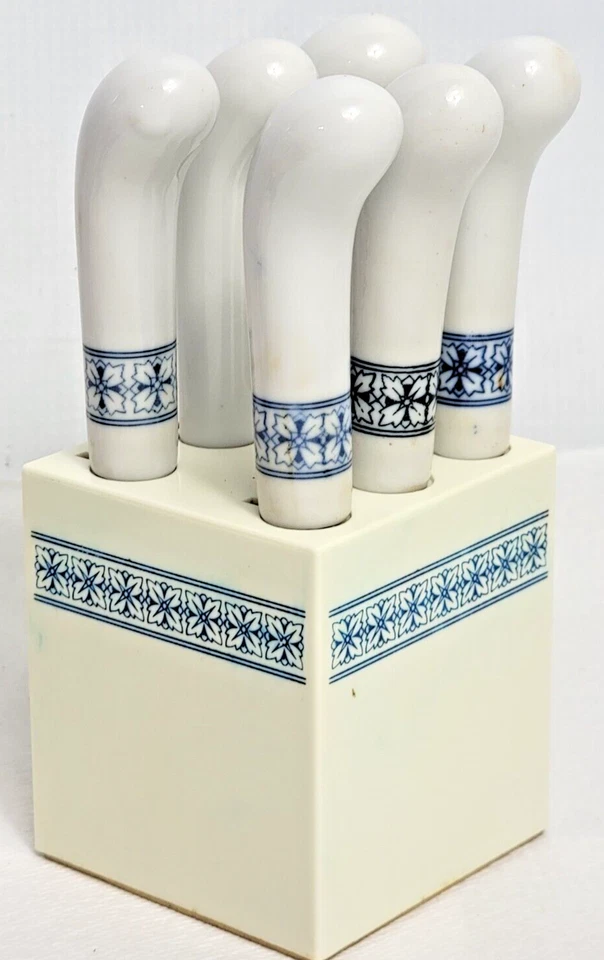 Juego de 6 esparcidores de queso/mantequilla vintage con bloque de cerámica blanca y azul Foto 4 de 4