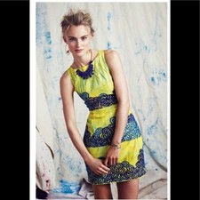 NWT Tabitha Anthropologie Azure Scroll SZ 0 Yellow Blue Embroidered Sheath Dress
