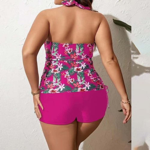 Women's Plus Size Floral Print Tankini Set Halter Tops and Shorts Bikini Bathing - Picture 6 of 13