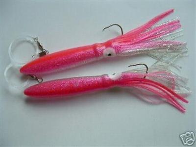 4 NEW Rigged Squid Trolling Big Game Lure Bait Skirt 9'' Rose/Silver 9/0 hooks