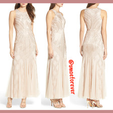 NEW 369 Adrianna Papell Beaded Halter Gown in Cream W/ Rose Gold SZ 2  M567