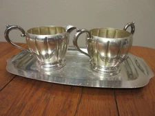 P.S.CO. Silverplate On Copper  Creamer, Sugar Bowl & Serving Tray