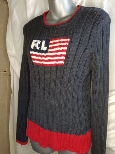Polo Ralph Lauren USA American Flag Sweater Cable knit Size L Women Red Grey - Picture 6 of 6