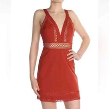 FREE PEOPLE Copper Crochet Lace Cut-Out Bodycon Ponte Knit Cocktail Mini Dress 4