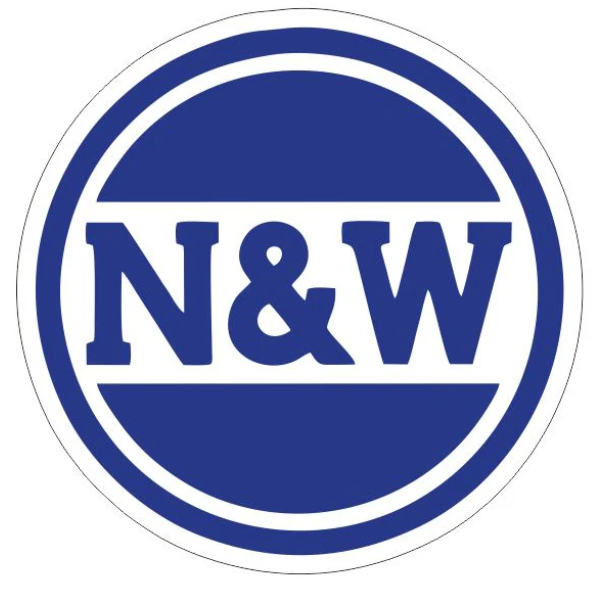 Round blue bumper sticker with bold white text reading “N&W” and “NORFOLK & WESTERN RAILROAD” in bold block letters.