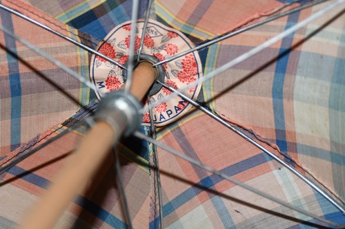 Vintage Doll Child Parasol Made in Japan Plaid Red White Blue SKK 1950s - Picture 3 of 9
