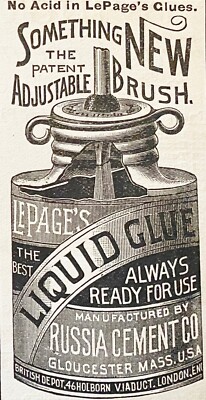 1888 LE PAGE'S LIQUID GLUE Antique Bottle Label Art Russia Cement Co. Print Ad