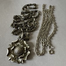 Vintage Miracle Tudor Rose Flower Silver Tone Signed Necklace Pendant 1970's VGC