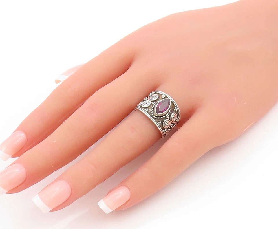 Anillo Vintage Plata Esterlina 925 Marquesa Amatista Bali Remolinos Talla 7.5 RG33635 Foto 3 de 4