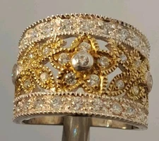 GSJ Sterling Silver Gold Gilt DIAMONIQUE FLOWER Design Tapered Band Ring Size 6