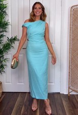 NEW ZARA APPLIQUÉ ASYMMETRIC LINEN BLEND MIDI DRESS Turquoise 8735/383 SIZE M
